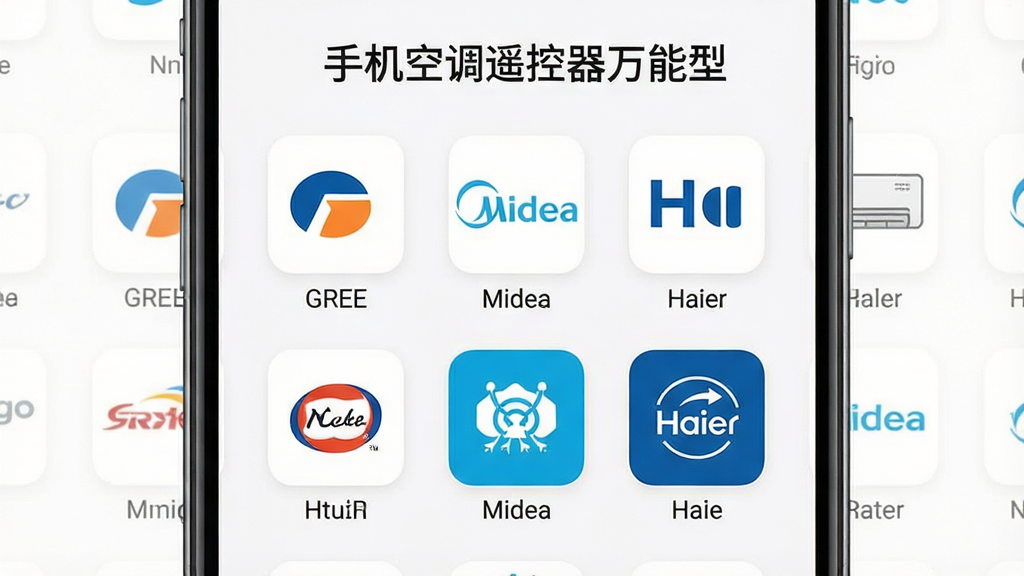 一张展示“手机空调遥控器万能型”软件品牌匹配界面的图片,画面中手机屏幕显示着多个空调品牌的Logo图标,包括格力、美的、海尔等,界面设计简洁,品牌图标排列整齐。主体为手机屏幕特写,背景为纯白色,突出屏幕内容。布局为手机居中,屏幕内容清晰可读。排版采用网格状排列,风格扁平化设计,色彩鲜艳明亮。细节上,每个品牌图标下方都有文字标注。画质清晰,干净无多余元素。