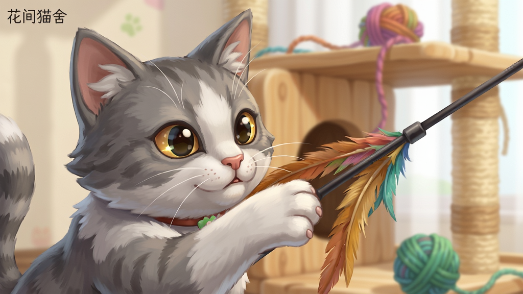 主体:游戏内一只灰白相间的猫咪正用爪子拨弄逗猫棒,表情专注,身后是木制猫爬架和彩色毛线球。布局:近景特写猫咪互动瞬间,背景虚化处理突出猫咪动作。排版:猫咪位于画面左侧1/3处,逗猫棒从右侧伸入,形成对角线构图。风格:清新治愈系插画风格,色彩明快。细节:猫咪瞳孔随光线变化,毛绒质感清晰可见,左上角有“花间猫舍”小字水印。画质:高分辨率渲染,画面干净,无多余元素。