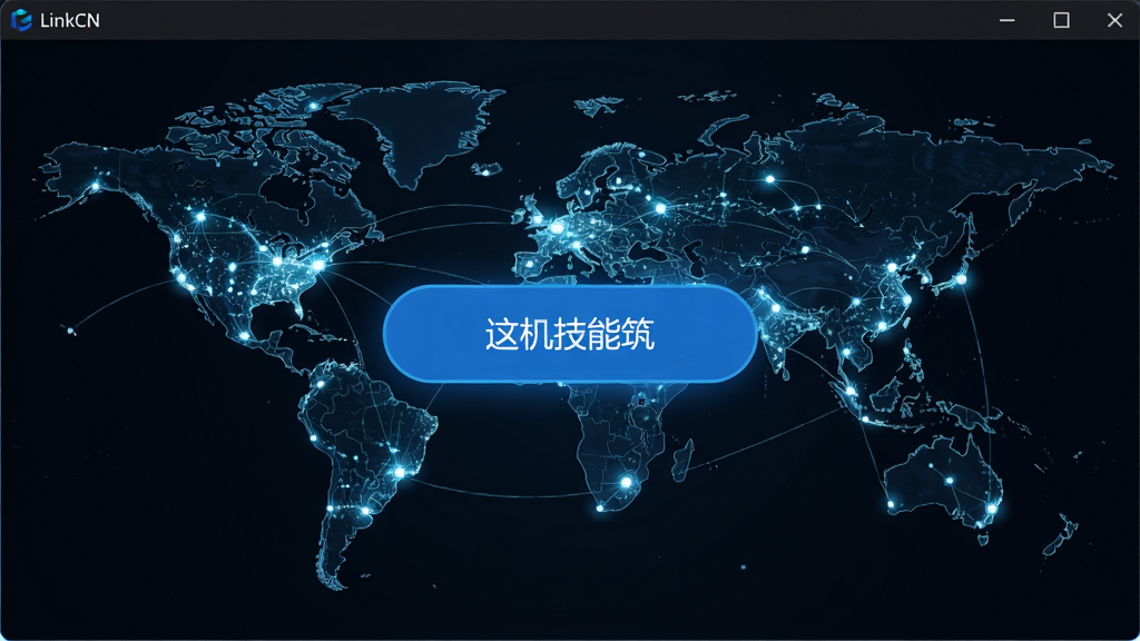LinkCN软件主界面截图,展示简洁的深色主题,中间有醒目的连接按钮,背景为全球网络节点地图,风格科技感十足,画质清晰,干净无多余元素