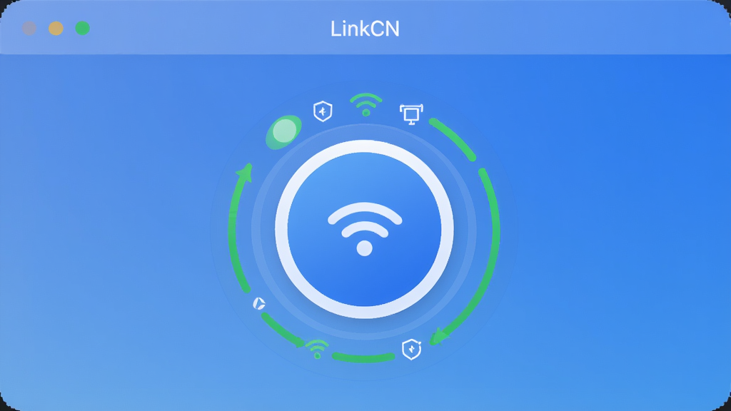 LinkCN一键连接界面,突出大圆形连接按钮,周围环绕连接状态指示,背景为简洁的渐变蓝色,风格清爽,画质干净,无多余元素