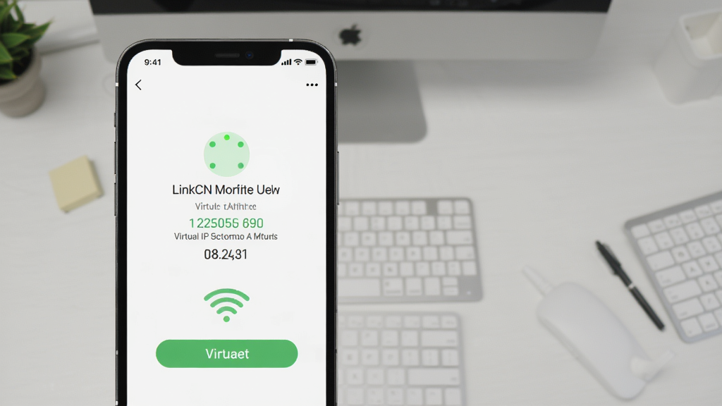 LinkCN使用教程步骤图,展示手机连接成功后的状态界面,有绿色指示灯和虚拟IP信息,背景为简洁的桌面,风格清晰,画质干净,无多余元素