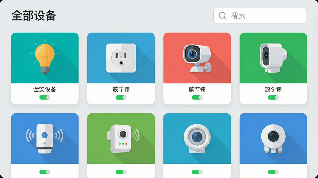主体:家安智联APP的设备管理界面,显示多个智能设备图标,如灯泡、插座、摄像头、传感器,每个图标下方有状态指示灯。布局:界面采用网格布局,设备卡片整齐排列,顶部有“全部设备”标题和搜索栏,背景为浅灰色。排版:设备图标色彩鲜明,状态文字清晰,整体界面简洁。风格:扁平化设计风格,色彩明快,画质干净,无多余元素。