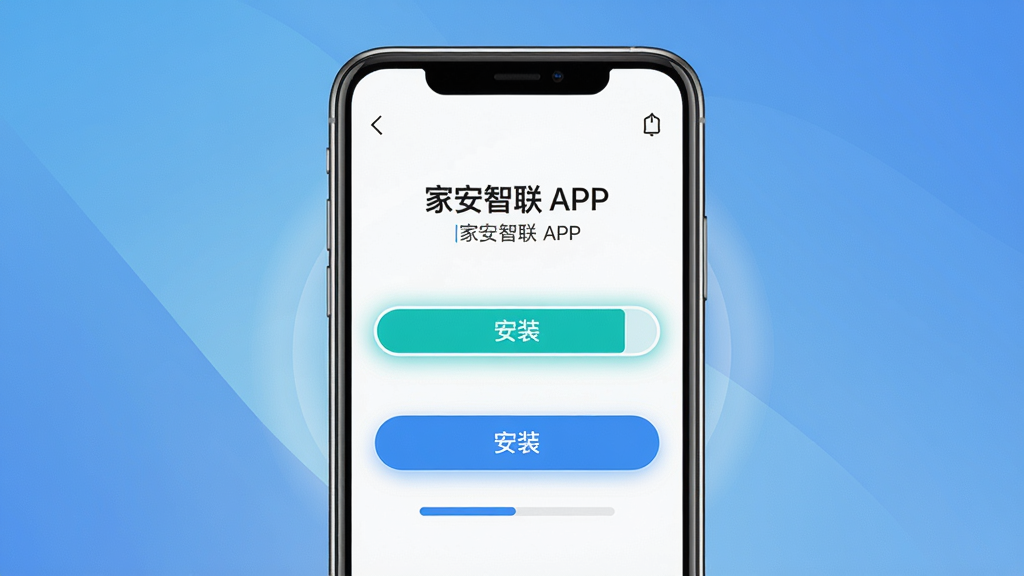 主体:家安智联APP在手机上的安装界面,显示“安装”按钮和进度条,背景为手机桌面,壁纸是简约的蓝色渐变。布局:手机居中,屏幕内容清晰可见,安装进度条高亮显示,周围有柔和的光晕。排版:界面文字清晰,按钮醒目,整体简洁。风格:写实风格,光线均匀,画质高清,干净无多余元素。