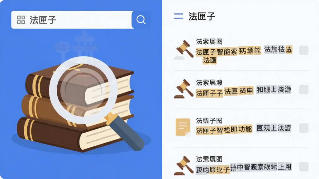 法匣子智能检索功能展示图,主体为放大镜图标与法律书籍叠加,布局采用左右分栏,左侧为搜索框右侧为结果列表,风格扁平化,细节包含“法匣子”字样与高亮匹配结果,画质清晰,干净无多余元素