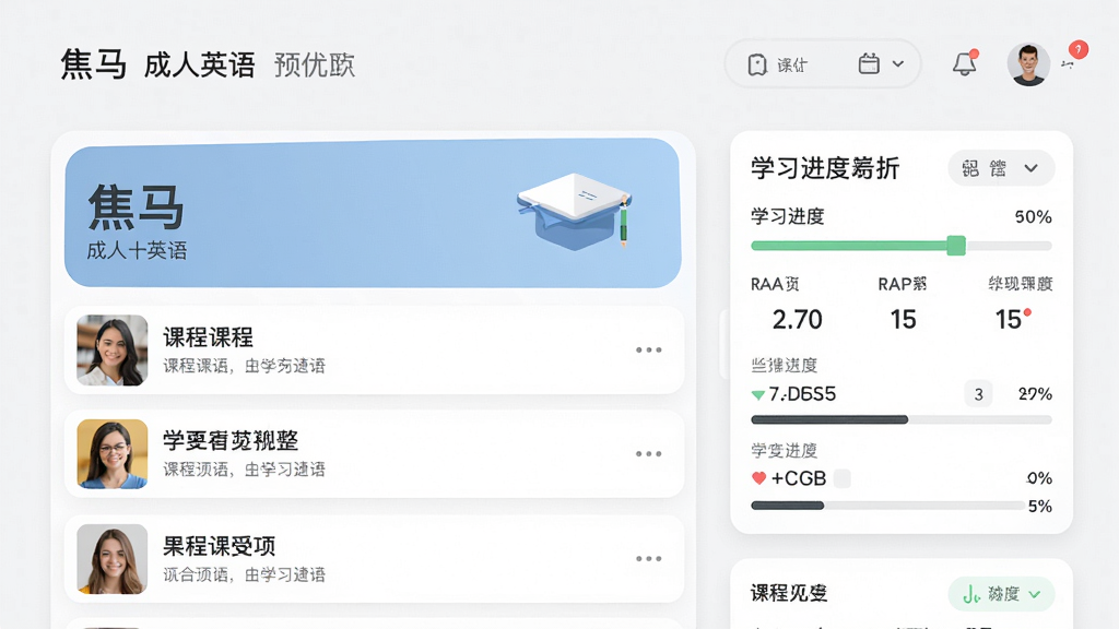 焦马成人英语主界面预览图,展示课程列表与学习进度,布局清晰,排版简洁,现代扁平风格,细节丰富,画质高清干净,无多余元素