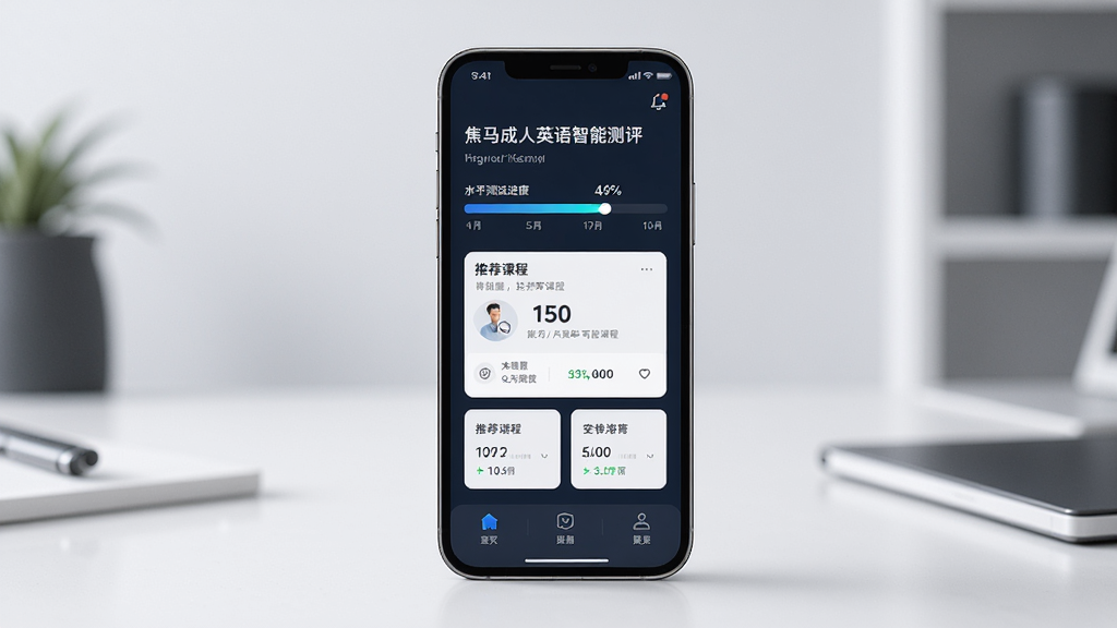 焦马成人英语智能测评界面,展示水平测试进度条与推荐课程卡片,主体为手机屏幕,布局居中,排版清晰,现代科技风格,细节精致,画质高清干净,无多余元素
