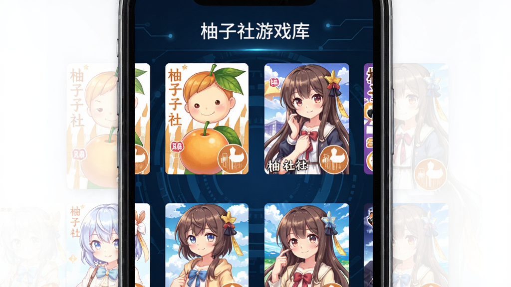 柚子社应用的游戏库界面截图,手机屏幕内显示多款游戏封面缩略图,排列整齐,背景为深蓝色科技感界面,风格简洁现代,细节突出每个封面上的角色形象,画质清晰干净,无多余元素,图中文字“柚子社游戏库”显示在顶部