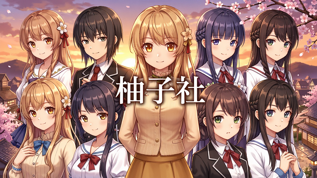 柚子社游戏合集主视觉图,画面中央展示多款游戏角色立绘拼贴,背景为樱花飘落的黄昏小镇,整体暖色调,排版采用横向并列布局,风格为日系动漫插画,细节展现角色发丝与服饰纹理,画质高清干净,无多余元素,图中文字“柚子社”居中显示