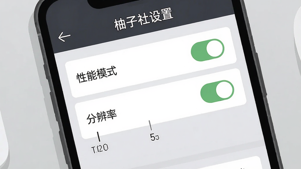 柚子社使用教程示意图,手机屏幕显示设置界面,有“性能模式”、“分辨率”等选项,背景为浅灰色桌面,风格扁平化,细节突出开关按钮,画质干净清晰,无多余元素,图中文字“柚子社设置”显示在屏幕顶部