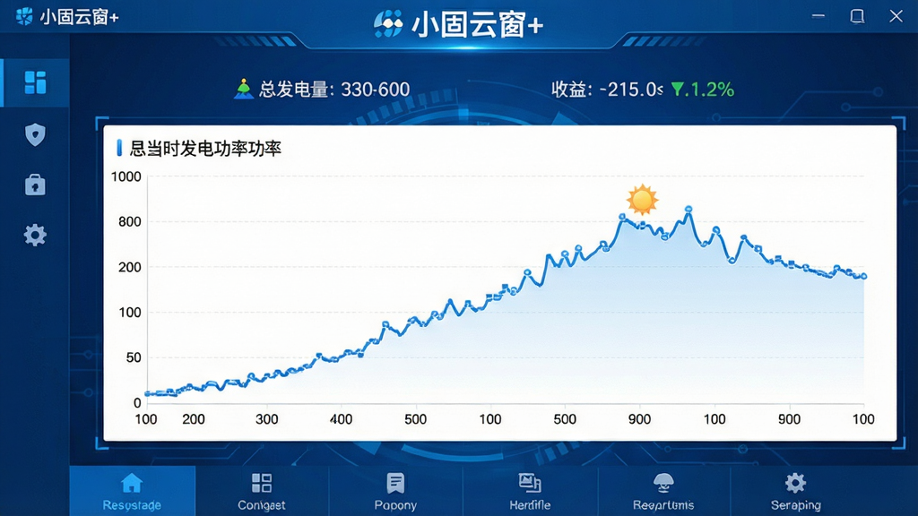 一张展示小固云窗+软件主界面的高清截图,界面中央是光伏电站的实时发电功率曲线图,顶部显示当前总发电量与收益数据,底部为功能导航栏,整体采用蓝色科技感设计风格,布局简洁清晰,画质干净,无多余元素