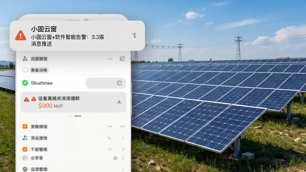 小固云窗+软件智能告警消息推送界面,手机通知栏显示一条设备离线告警提示,背景为光伏电站实景图,界面简洁,告警信息醒目,画质干净,无多余元素