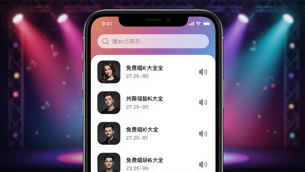 免费唱k大全APP主界面预览图,手机屏幕展示歌曲列表与搜索栏,背景为炫彩渐变舞台灯光效果,界面风格现代简约,图标清晰圆润,整体布局疏密有致,画质高清,干净无多余元素
