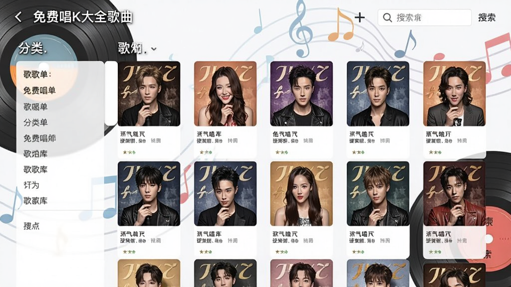 免费唱k大全歌曲库界面截图,展示分类歌单与搜索框,背景为唱片元素与音符图案,界面清爽明亮,歌曲封面排列整齐,色彩丰富,画质细腻,干净无多余元素
