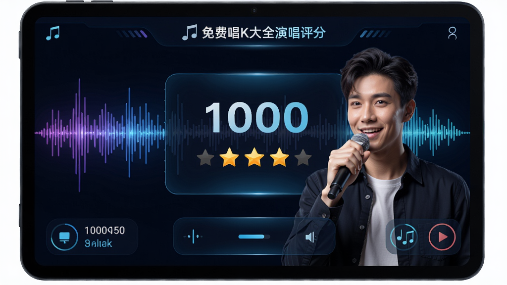 免费唱k大全演唱评分界面,屏幕中央显示分数与星级评价,歌手手持麦克风,背景为声波频谱动态效果,科技感十足,界面数据清晰,画质流畅,干净无多余元素