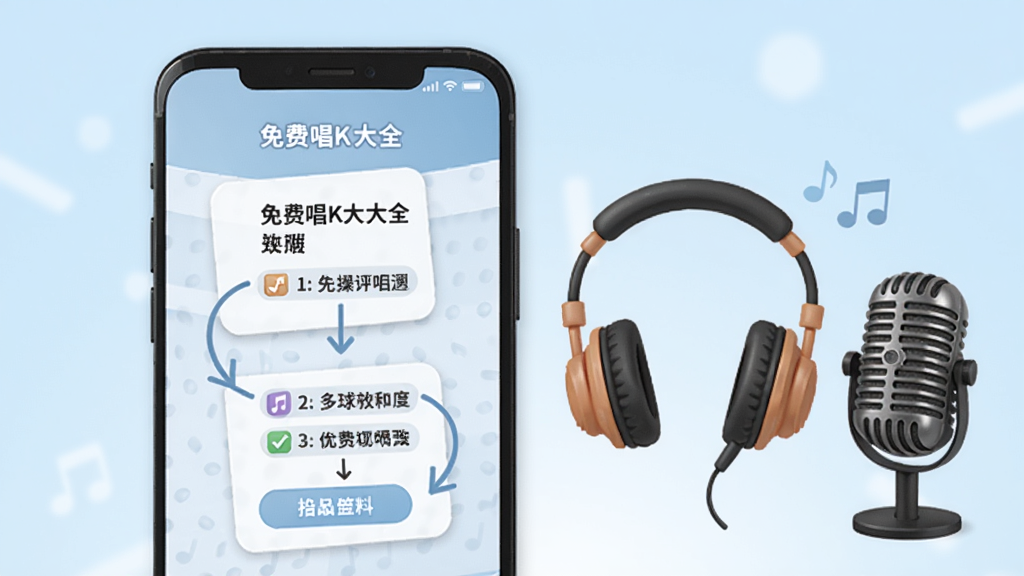 免费唱k大全使用教程插图,手机屏幕上显示操作步骤指引,旁边有耳机和麦克风道具,背景为淡蓝色渐变,插画风格简洁清晰,画质高,干净无多余元素