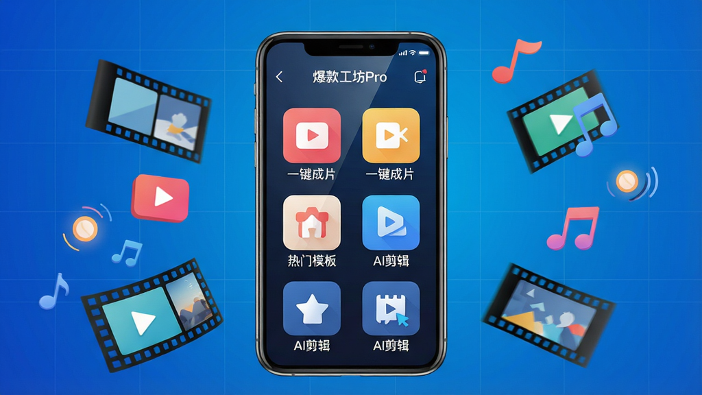 主体:爆款工坊Pro软件界面展示,居中显示一个智能手机,屏幕上呈现软件主界面,包含“一键成片”、“热门模板”、“AI剪辑”等核心功能图标。布局:手机位于画面中央,周围环绕着飘浮的视频素材元素,如胶片、播放按钮、音符等,背景为渐变色科技蓝。排版:手机屏幕内容清晰可见,功能图标排列整齐,文字标签醒目。风格:现代科技感,扁平化设计,色彩鲜明,光线明亮。细节:手机屏幕反射光泽,界面元素精致,背景有微弱的网格线,突出科技氛围。画质:8K超高清,干净,无多余元素。