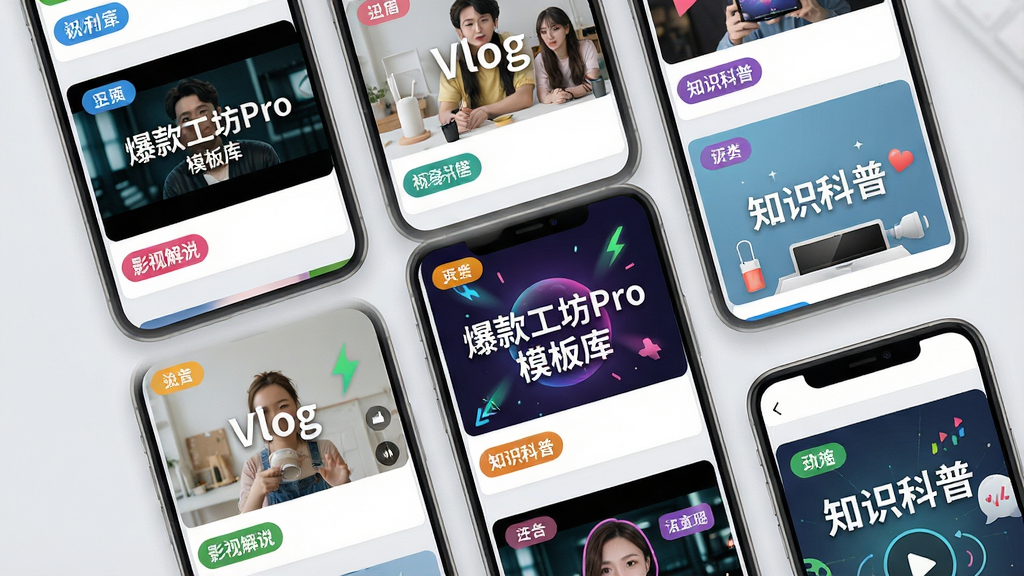 主体:爆款工坊Pro的模板库界面,以瀑布流形式展示各类视频模板封面,每个封面都标注了分类标签如“影视解说”、“Vlog”、“知识科普”。布局:多个手机屏幕排列展示不同模板的预览效果,背景为浅灰色。排版:模板封面整齐排列,标签清晰可见,色彩丰富。风格:清新简约,明亮自然。细节:每个模板封面都展示了不同的视频画面和特效样式,有一部手机屏幕上显示“爆款工坊Pro模板库”字样。画质:高清,干净,无多余元素。