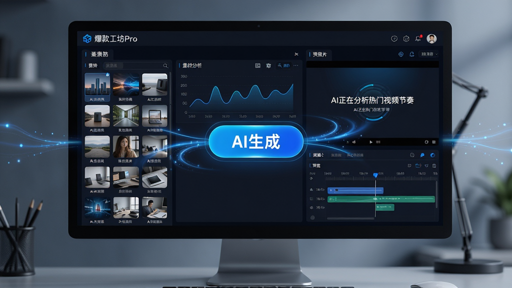 主体:爆款工坊Pro的AI一键成片功能界面,电脑屏幕上显示软件后台,左侧为素材库,右侧为预览窗口,中央有一个醒目的“AI生成”按钮。布局:电脑屏幕作为主体,屏幕内容展示AI分析数据的动态图表和视频时间轴。排版:界面布局清晰,功能模块分区明确,按钮设计醒目。风格:商务科技风,深色背景搭配亮蓝色点缀,线条流畅。细节:屏幕中显示“AI正在分析热门视频节奏”等字样,周围有光效流动。画质:高清,干净,无多余元素。