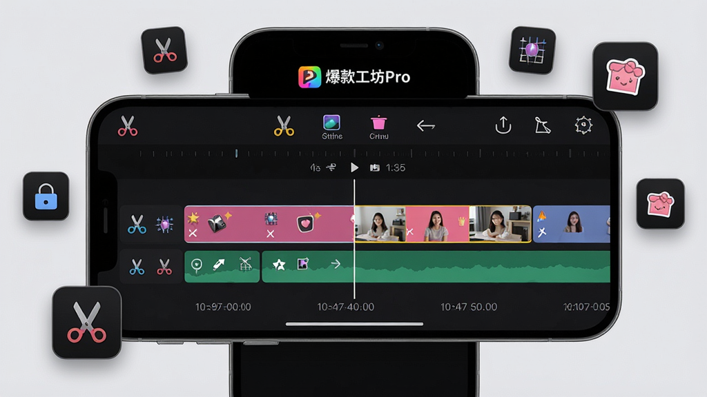 主体:爆款工坊Pro的剪辑界面,手机横屏显示,屏幕上有多个视频轨道和剪辑工具图标,如剪刀、滤镜、贴纸等。布局:手机居中,屏幕内容放大展示,周围有浮动的小工具图标。排版:剪辑界面逻辑清晰,轨道排列有序,工具图标易于识别。风格:深色酷炫风格,强调专业感。细节:屏幕上方有“爆款工坊Pro”Logo,轨道上有不同颜色的片段,时间轴清晰可见。画质:高清,干净,无多余元素。