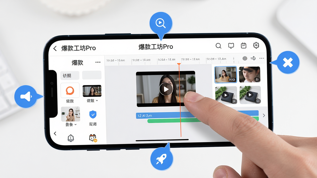 主体:一部手机屏幕显示爆款工坊Pro的编辑界面,手指正在拖拽一个视频片段。布局:手机横屏展示,屏幕上有时间轴和素材库,周围有操作提示图标。排版:界面清晰,操作提示用蓝色圆圈标注。风格:简洁实用,浅色背景。细节:屏幕上有“爆款工坊Pro”字样,时间轴清晰可见,手指动作自然。画质:高清,干净,无多余元素。
