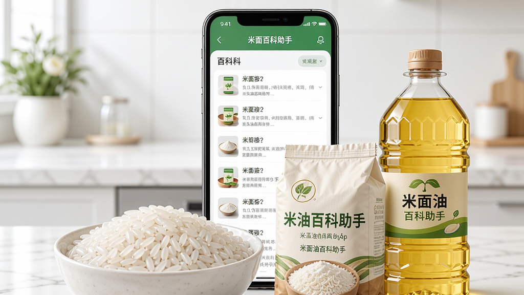 主视觉展示米面油百科助手App界面,前景是一碗白米、一袋面粉和一瓶食用油,背景是手机屏幕,手机屏幕显示米面油百科助手的百科条目列表,整体排版干净简洁,风格写实明亮,画质高清,无多余元素