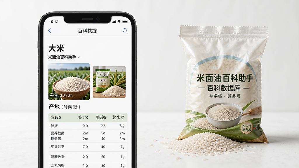 展示米面油百科助手百科数据库页面,手机屏幕显示“大米”词条详情,包含产地图片、营养数据表格,旁边摆放真实的大米样本袋,布局清晰,风格简约,画质高清,无多余元素