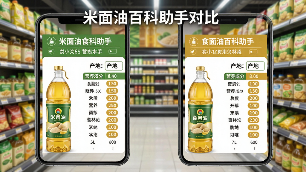 展示米面油百科助手的对比功能,手机屏幕左右分栏显示两款食用油的产地、营养成分对比,背景是模糊的超市粮油货架,风格明亮写实,画质高清,无多余元素