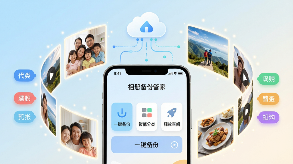 主体:一部智能手机屏幕显示“相册备份管家”应用界面,周围悬浮着有序排列的照片和视频缩略图,构成环形保护姿态。布局:手机位于画面中央偏下,上方留白区域展示云端图标与数据流线条,左右两侧分布着代表不同相册分类的彩色标签。排版:界面清晰展示“一键备份”、“智能分类”、“释放空间”三个功能按钮,图标设计简洁直观。风格:现代科技感与温暖治愈风结合,背景为柔和的渐变色,从浅蓝过渡到暖白。细节:照片缩略图呈现全家福、旅行风景、美食记录等生活化场景,每个缩略图边缘有微小的光芒特效,象征数据安全。画质:8K超清渲染,细节丰富,光影过渡自然,色彩明快且饱和度高,干净无多余元素。