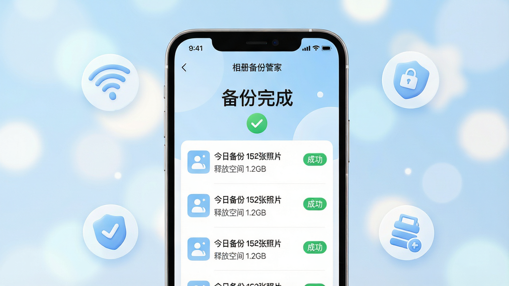 主体:一部智能手机显示“相册备份管家”的“备份记录”页面,页面上有绿色对勾的完成状态,背景是柔和的光斑。布局:手机居中,屏幕内容清晰可辨,周围有无线网络和数据安全的图标点缀。排版:屏幕上方显示“备份完成”大标题,下方列出几条备份记录,每条记录后均有“成功”标签。风格:治愈系插画风格,色彩以浅蓝和白色为主,视觉清爽。细节:屏幕中显示“今日备份 152张照片”、“释放空间 1.2GB”,手机边框有细微的金属质感。画质:高清渲染,光影柔和,文字清晰,无多余元素。