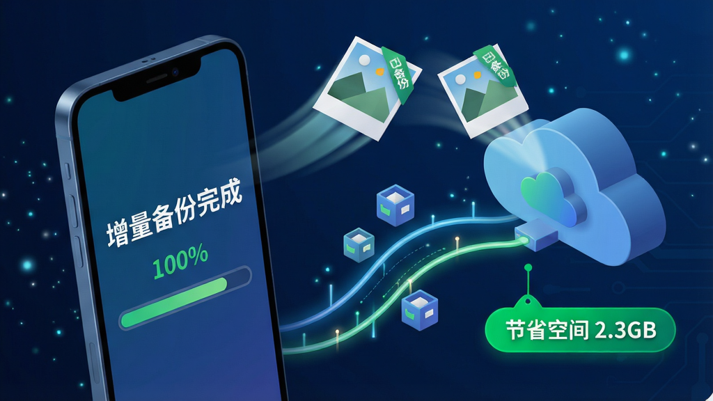 主体:一部手机连接至云端服务器,手机屏幕显示“增量备份完成”的提示,周围有数张带“已备份”角标的新照片飞入云端。布局:手机位于左侧,云端图标位于右侧,中间用几条发光的曲线连接,曲线旁有数据包图标。排版:手机屏幕内容放大展示,同步进度条显示100%,右侧云端下方有“节省空间 2.3GB”的绿色文字标签。风格:扁平化与3D结合风格,背景为深邃的科技蓝,点缀粒子光效。细节:照片飞入云端时带有拖尾光效,云端图标为立体质感,整体氛围强调速度与安全。画质:4K高清,画面锐利,色彩对比鲜明,突出绿色标签的视觉重点,无多余元素。