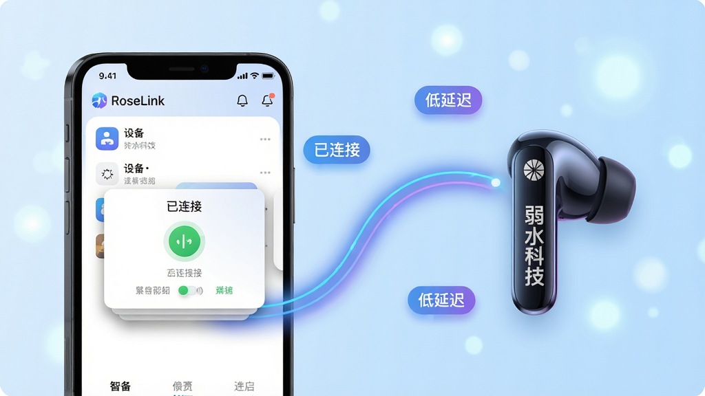 主体:RoseLink应用界面展示智能连接管理功能,画面左侧是一部手机,右侧是带有弱水科技Logo的无线蓝牙耳机。布局:手机与耳机之间有一条发光的曲线连接,象征蓝牙信号,周围散布着“已连接”、“低延迟”等小标签。排版:左右分屏式布局,界面信息层级分明,顶部显示设备列表。风格:扁平化结合轻拟物风格,点缀蓝紫色渐变光效。细节:耳机外观时尚,手机屏幕上的连接状态卡片带有阴影效果,背景为浅蓝色科技感光斑。画质:高分辨率,干净,无多余元素。