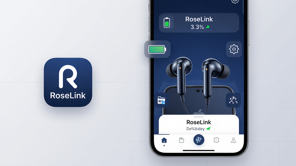 主体:一部智能手机屏幕全屏显示RoseLink应用主界面,界面中央是一副入耳式蓝牙耳机与手机连接成功的3D渲染图,周围环绕着电量图标、设置齿轮等元素。布局:手机位于画面中央偏右,左侧留白处悬浮着“RoseLink”应用图标,整体采用中心构图,突出软件与设备的关联。排版:界面UI设计简洁现代,功能图标采用圆角矩形样式,色彩以深蓝和白色为主色调,底部有清晰的导航栏。风格:科技感、简约、商业产品展示风格。细节:耳机渲染光泽细腻,屏幕界面清晰显示设备名称、电量百分比和连接状态字样,背景为淡灰色渐变,带有微弱的网格线装饰。画质:8K超高清,干净,无多余元素。