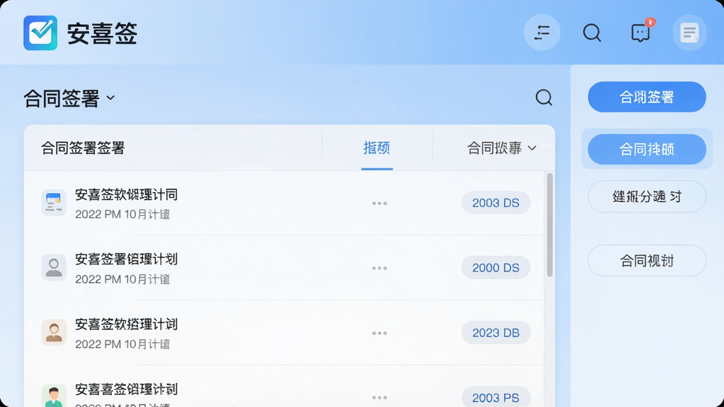 一张展示安喜签软件主界面的高清截图,界面布局简洁现代,顶部为软件名称“安喜签”Logo,中间显示合同签署列表,右侧为功能菜单按钮,背景为浅蓝色渐变,整体风格商务简约,细节清晰,画质干净,无多余元素
