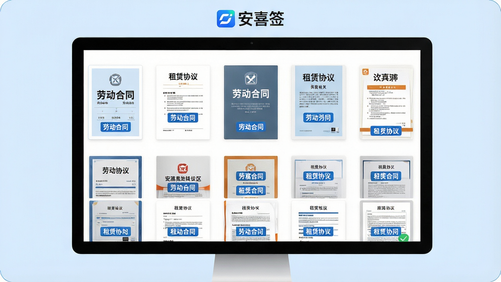 一张安喜签合同模板库展示页面,屏幕上整齐排列多个合同模板缩略图,每个模板封面上有名称标签,如“劳动合同”“租赁协议”,顶部有“安喜签”Logo,背景为淡蓝色,整体风格清爽整洁,画质高清,无多余元素