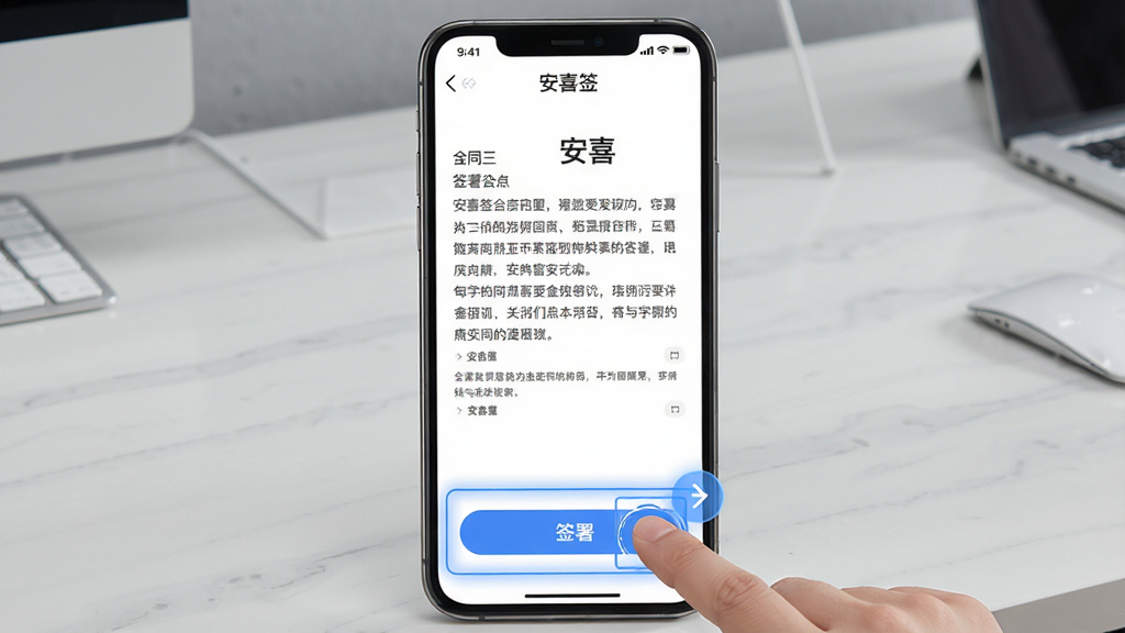 一张安喜签手机端签署合同的操作界面图,屏幕中央显示合同文本,底部有“签署”按钮,手指点击签署区域,周围有蓝色高亮提示框,界面干净清晰,文字标注“安喜签”名称,整体风格商务且现代,画质高清,无多余元素