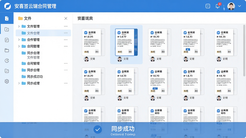 一张安喜签云端合同管理界面,左侧为文件夹分类列表,右侧显示合同文件缩略图,屏幕底部有“同步成功”提示,整体界面采用蓝色与白色搭配,风格商务简洁,画质清晰,无多余元素