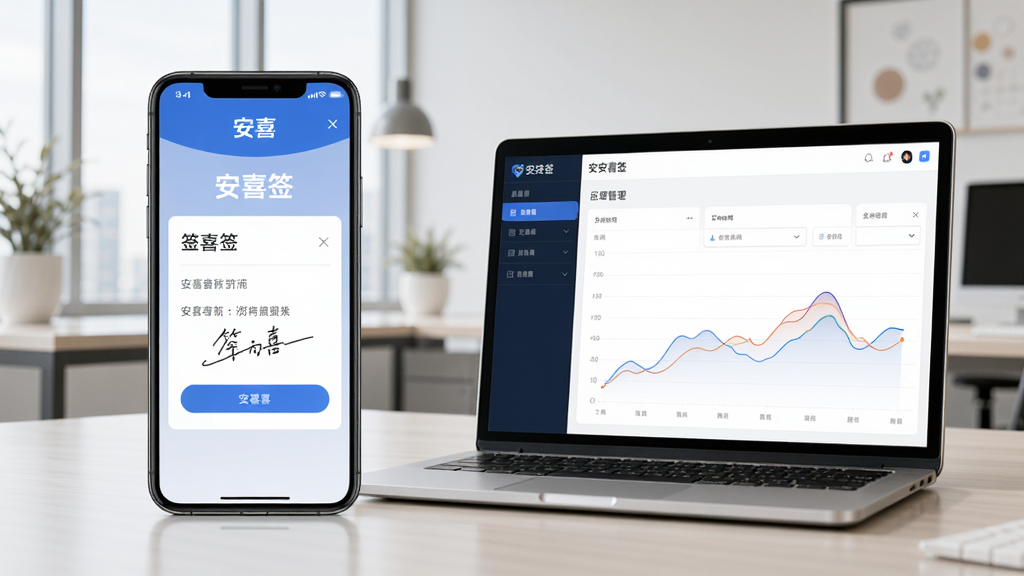 一张安喜签在手机和电脑上同步使用的场景图,左侧是手机屏幕显示签署界面,右侧是笔记本电脑显示后台管理界面,背景为办公室环境,整体色调明亮,突出“安喜签”品牌,画质清晰,无多余元素