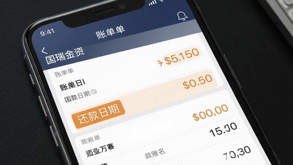 国瑞金资账单管理功能界面,主体为手机应用截图,展示账单列表、还款日期高亮,布局清晰,排版整齐,风格简约商务,细节包含“国瑞金资”字样,画质清晰干净