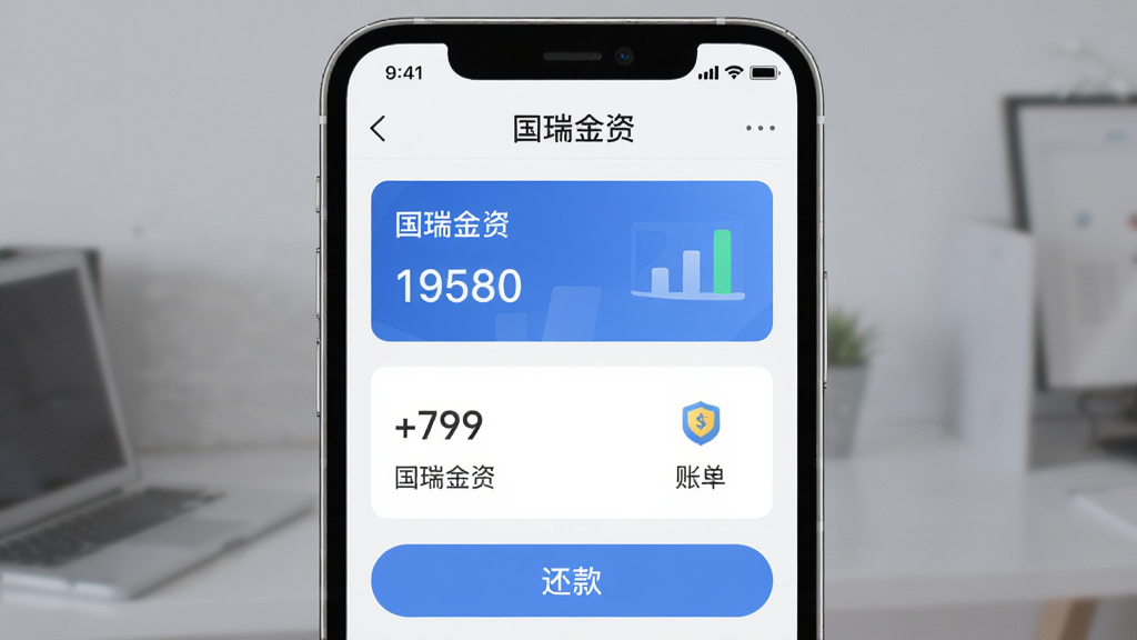 国瑞金资APP预览图,展示手机界面,主体为智能手机屏幕内显示国瑞金资应用主界面,包含余额、账单、还款按钮,布局居中,排版简洁,风格现代商务,细节突出应用名称“国瑞金资”,画质高清干净无多余元素