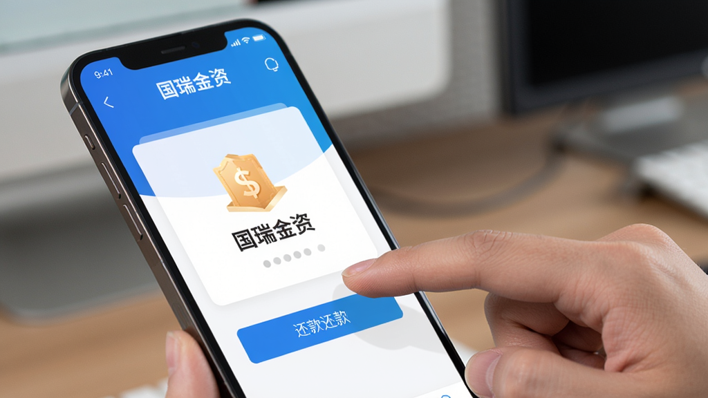 国瑞金资手机操作演示,主体为手指点击手机屏幕还款按钮,背景为应用界面,布局动态,排版简洁,风格真实,细节有“国瑞金资”字样,画质清晰干净