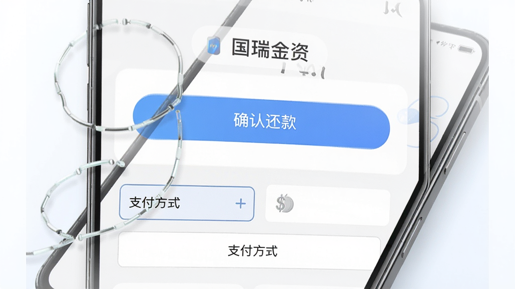 国瑞金资一键还款操作界面,主体为手机屏幕显示确认还款按钮及支付方式选项,布局直观,排版舒适,风格清新,细节标注“国瑞金资”,画质高清无多余元素