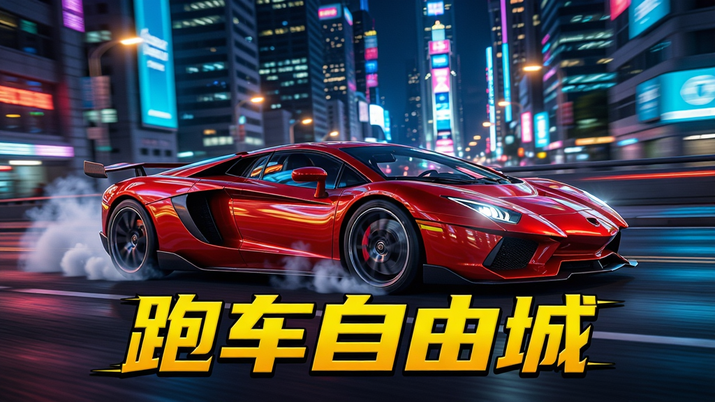 主体:一辆红色超级跑车在霓虹闪烁的现代都市街道上疾驰,背景是高楼大厦和璀璨灯光。 布局:跑车位于画面中央偏左,车头朝向右侧,背景城市天际线清晰。 排版:画面下方有游戏标题“跑车自由城”的艺术字,字体动感,颜色为亮黄色。 风格:写实3D渲染,色彩鲜艳,光影效果强烈,充满速度感与科技感。 细节:跑车车身有反光效果,轮胎与地面摩擦产生少量烟雾,背景有动态模糊效果。 画质:8K超清,细节丰富,干净,无多余元素。