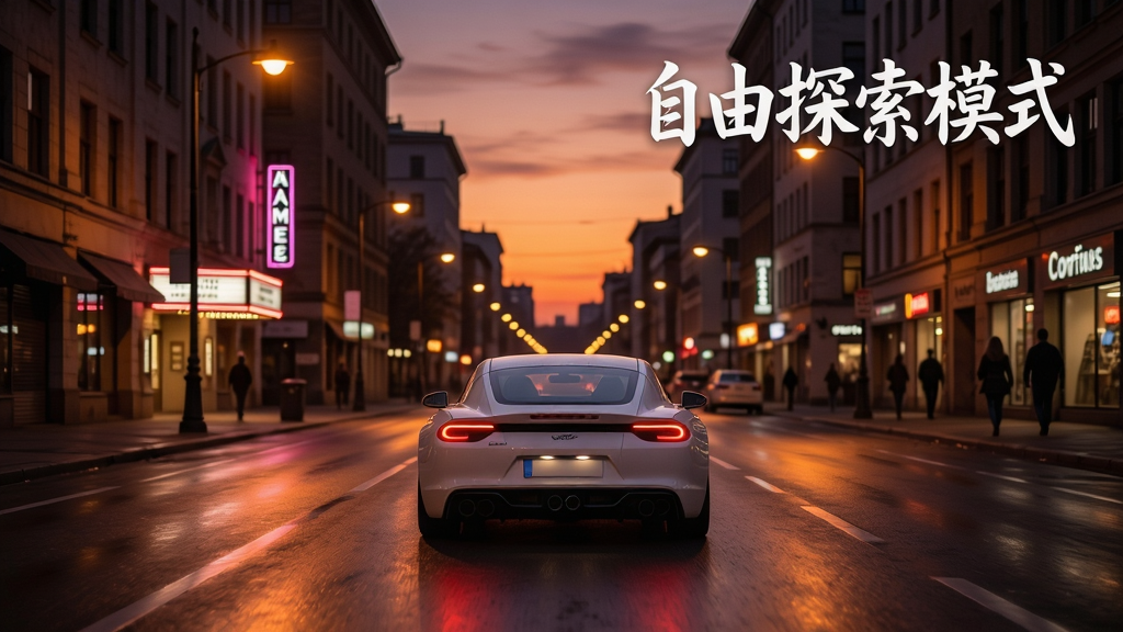 主体:一辆白色跑车行驶在黄昏时分的城市街道上,两旁是亮起灯光的建筑。 布局:跑车位于画面中央,街道延伸至远方,天空呈现橙紫色渐变。 排版:画面右上角有“自由探索模式”字样,白色艺术字。 风格:写实风格,光影温暖,氛围宁静。 细节:街灯、霓虹灯倒影在湿润的路面上,远处有行人剪影。 画质:高清,细节丰富,干净,无多余元素。