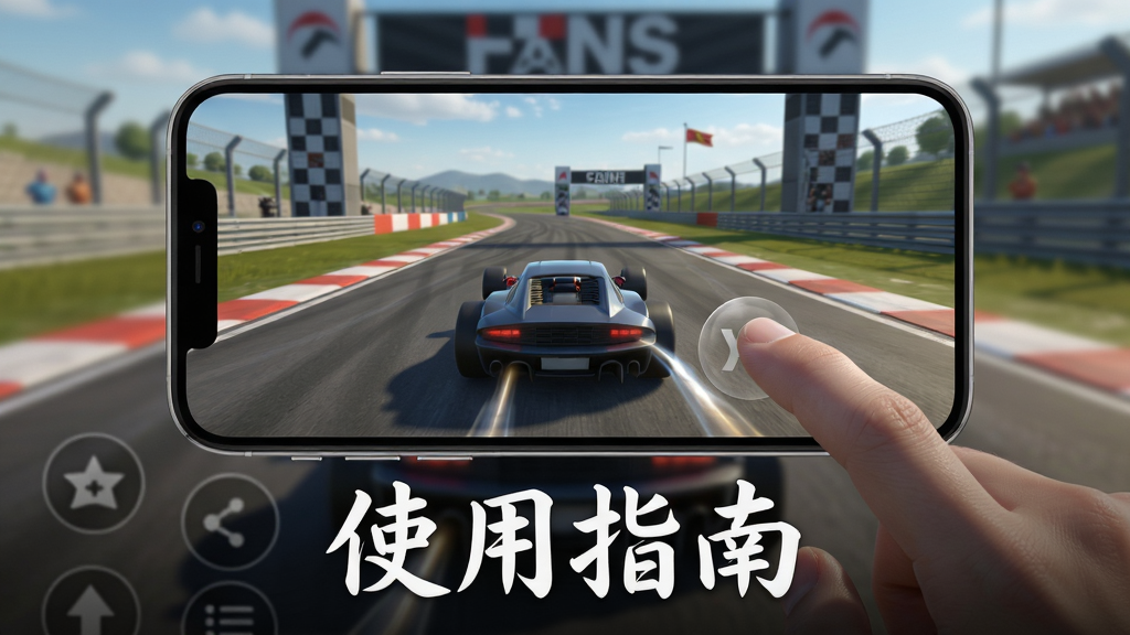 主体:手机横屏显示游戏画面,背景是赛道起点,玩家手指在屏幕上进行滑动操作。 布局:手机位于画面中央,屏幕内容清晰,手指动作明显。 排版:画面下方有“使用指南”字样,白色艺术字。 风格:写实风格,光线均匀,屏幕有反光。 细节:手机边框圆润,屏幕上显示车辆和赛道,手指滑过留下轨迹。 画质:高清,细节丰富,干净,无多余元素。