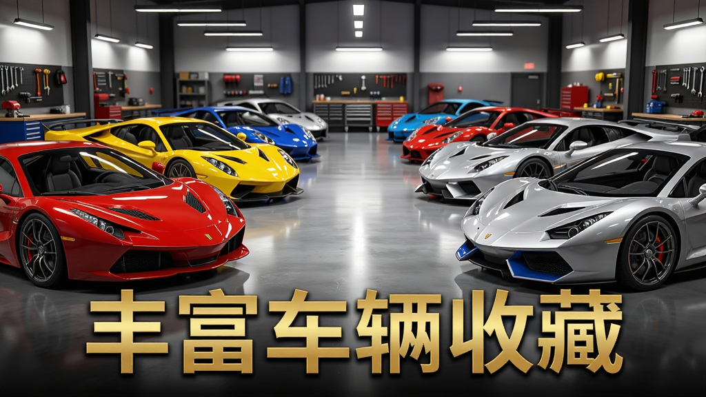 主体:一个宽敞的车库场景,停放多款颜色各异的超级跑车,包括红色、黄色、银色等。 布局:车辆整齐排列,车头朝前,中间留出通道。 排版:画面下方有“丰富车辆收藏”字样,金色艺术字。 风格:写实渲染,光线明亮,地面有反光效果。 细节:每辆车都有不同的轮毂和涂装,车库背景有工具墙和灯光。 画质:超清,细节丰富,干净,无多余元素。
