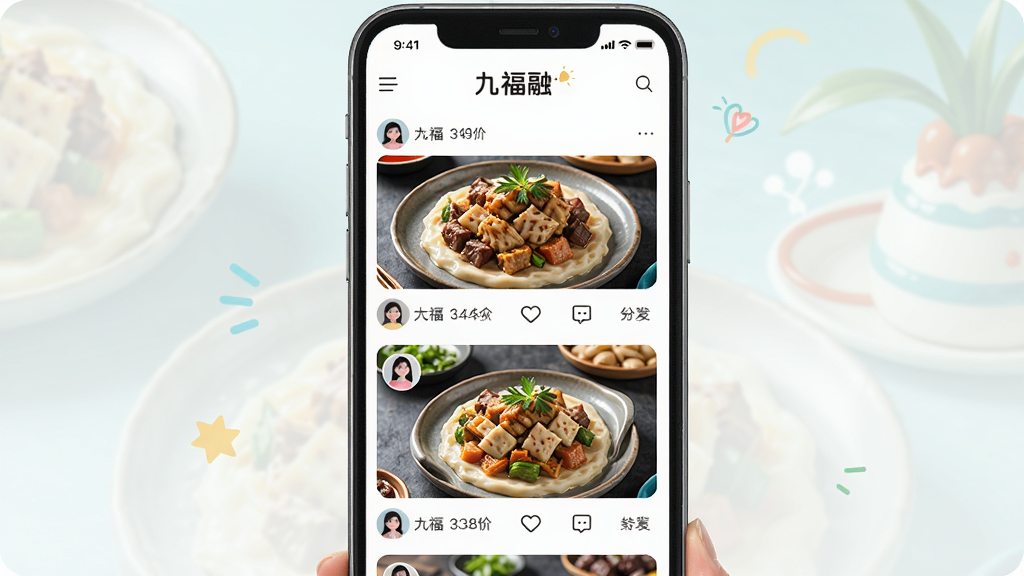 九福融APP美食社区互动界面预览图,主体为手机界面,展示用户分享的美食照片瀑布流,图片上有点赞、评论和转发按钮。布局为双列瀑布流形式,排版活泼,风格清新明快,细节突出用户头像和互动数据,画质清晰,界面顶部带有“九福融”字样。