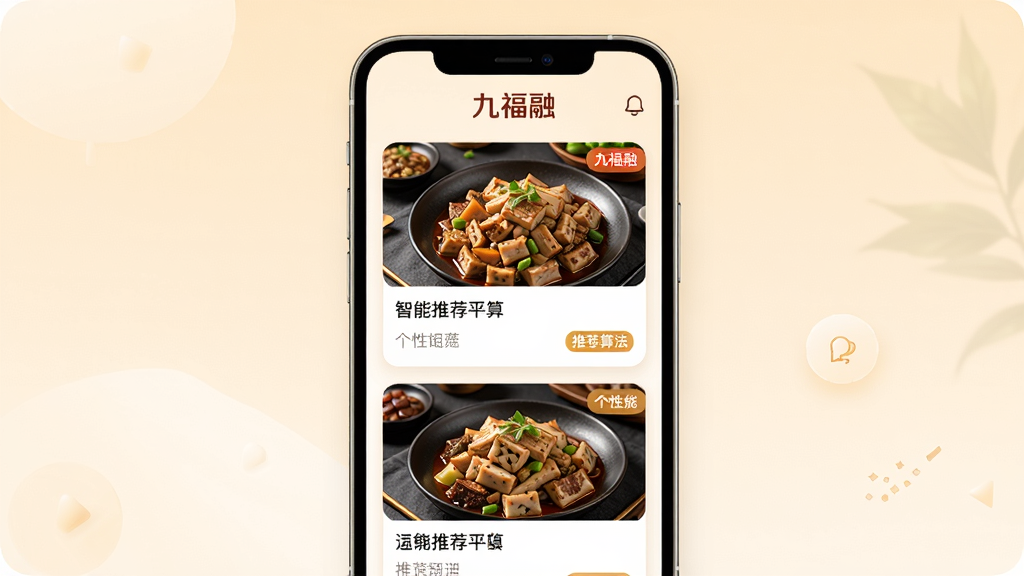 九福融APP智能推荐功能界面截图预览图,主体为手机UI界面,布局以上下滑动卡片形式展示多道菜品,每张卡片配有菜品高清大图和简短描述。排版整齐,风格简约现代,界面配色温暖明亮,细节突出推荐算法的个性化标签,画质干净清晰,界面顶部显示“九福融”品牌标识。