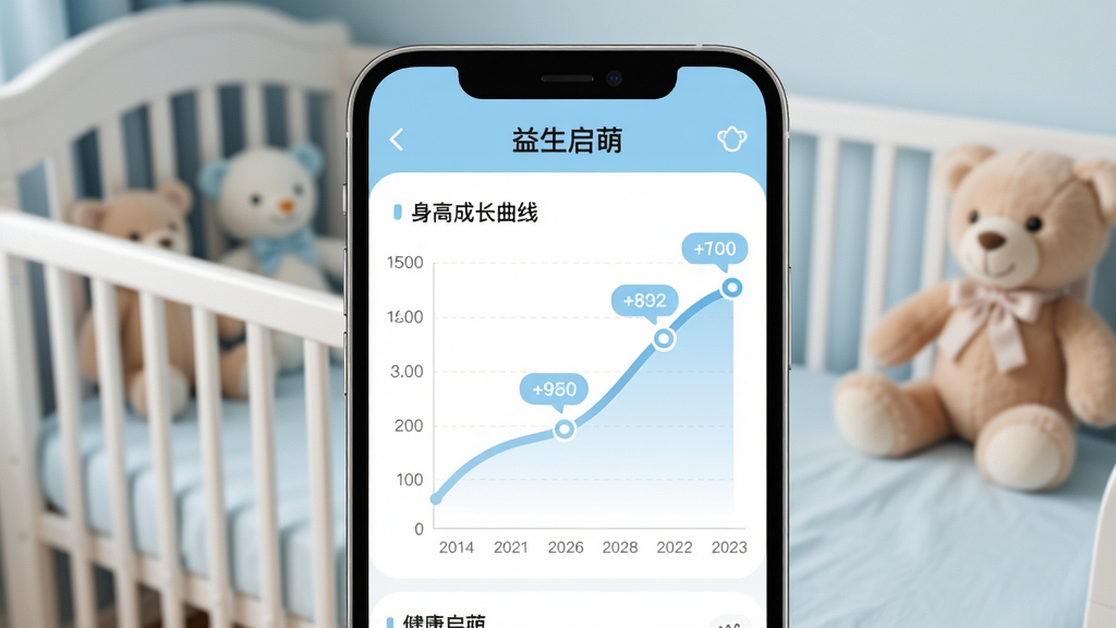 图片主体为智能手机屏幕特写,屏幕上展示“益生启萌”应用中的宝宝成长曲线图表,线条圆润,数据点清晰;布局为手机居中,背景虚化的婴儿床和毛绒玩具;排版突出曲线图与数据标签;风格为健康医疗APP风格,浅蓝与白色主调;细节包括身高体重数值标注、日期轴;画质干净明亮,无多余元素。