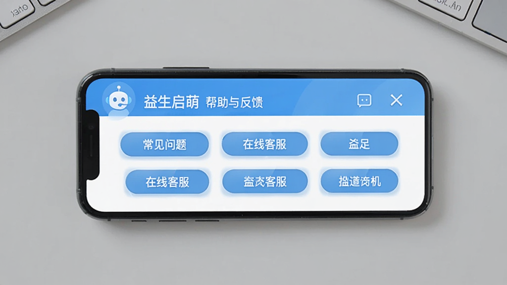 主体为一部手机平放在桌面,屏幕上显示“益生启萌”的“帮助与反馈”页面,旁边有客服机器人图标;布局为俯拍,桌面整洁;排版清晰,功能按钮排列有序;风格为简洁的客服界面风格,蓝色主题;细节包括“常见问题”、“在线客服”等选项;画质干净无多余元素。