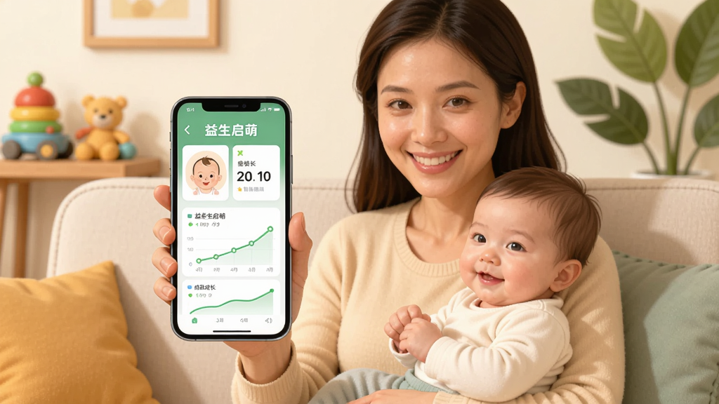 主体为一位微笑的母亲抱着婴儿坐在沙发上,手持手机展示“益生启萌”应用界面,界面显示宝宝头像和成长曲线图表;布局采用居中构图,家庭温馨场景;排版简洁明快,界面清晰;风格为现代扁平插画结合写实元素,暖色调;细节包括手机屏幕上的数据卡片、背景有玩具和绿色植物;画质高清干净,无多余元素。